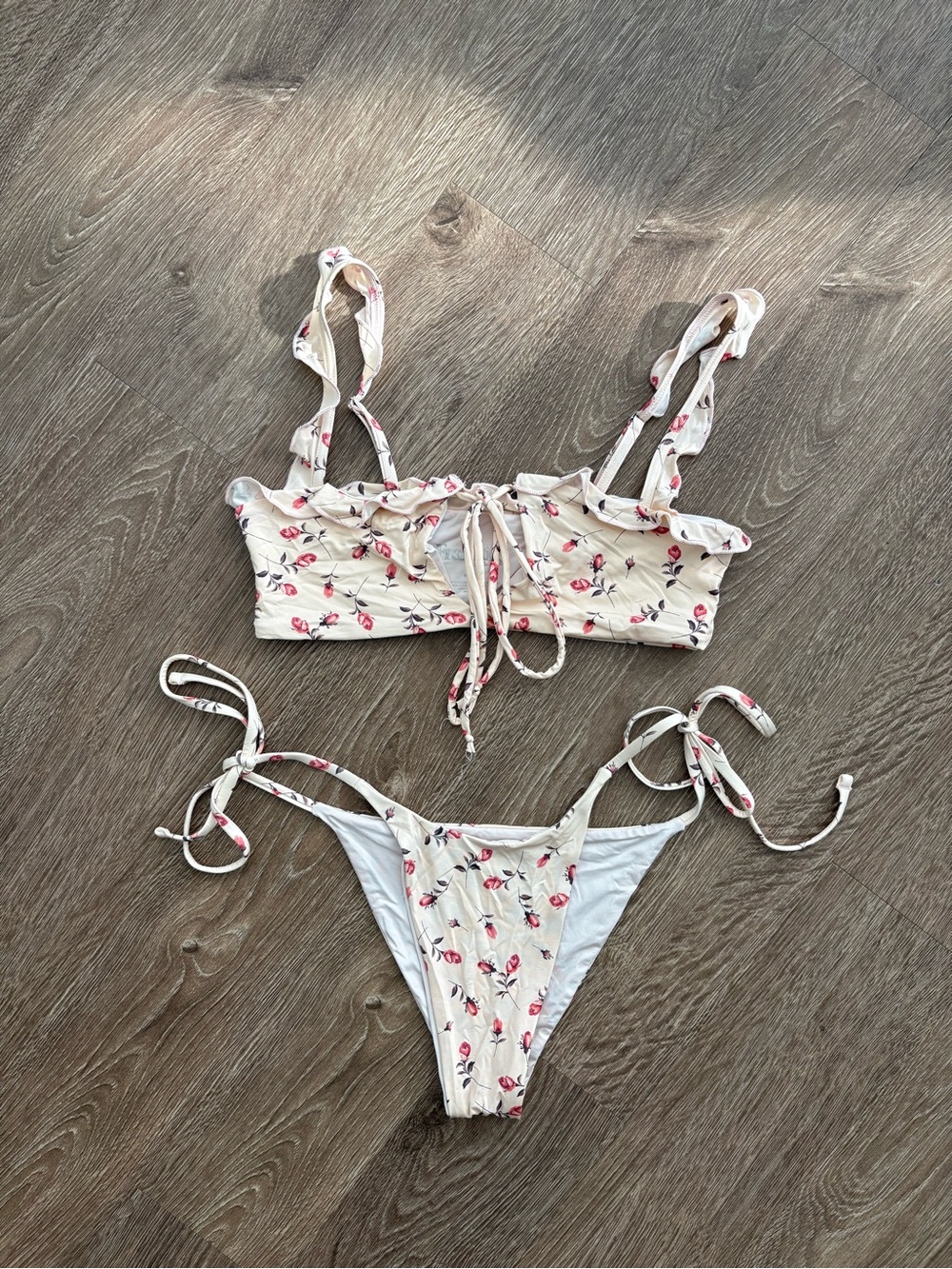 Frankie's Bikinis Cream Floral Ruffle Tie Bikini